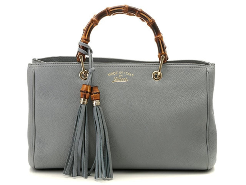 Gucci Bamboo Shopper Tote Bag Shoulder Blue Gray Leather